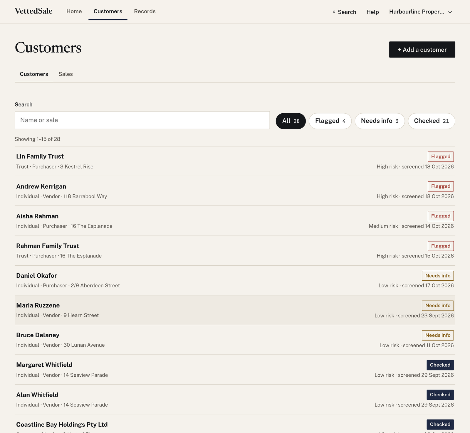 The Customers list: 28 example customers with filters showing the count for each status (Flagged, Needs info, Checked), each row with its risk rating and the date last screened, 15 to a page.