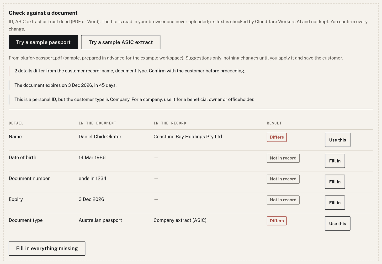 The AI document check comparing a sample passport with the customer record: two details flagged as different, three to fill in, and buttons to use each value.