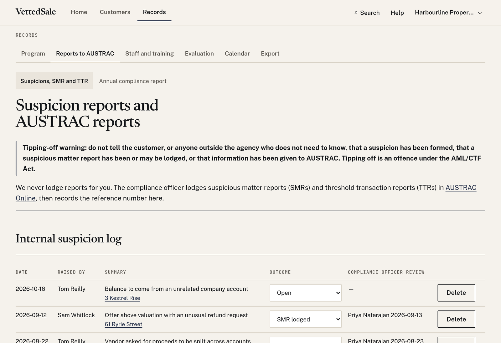 The Records area on the Reports to AUSTRAC tab: a tipping-off warning and the internal suspicion log with outcomes and compliance officer review.